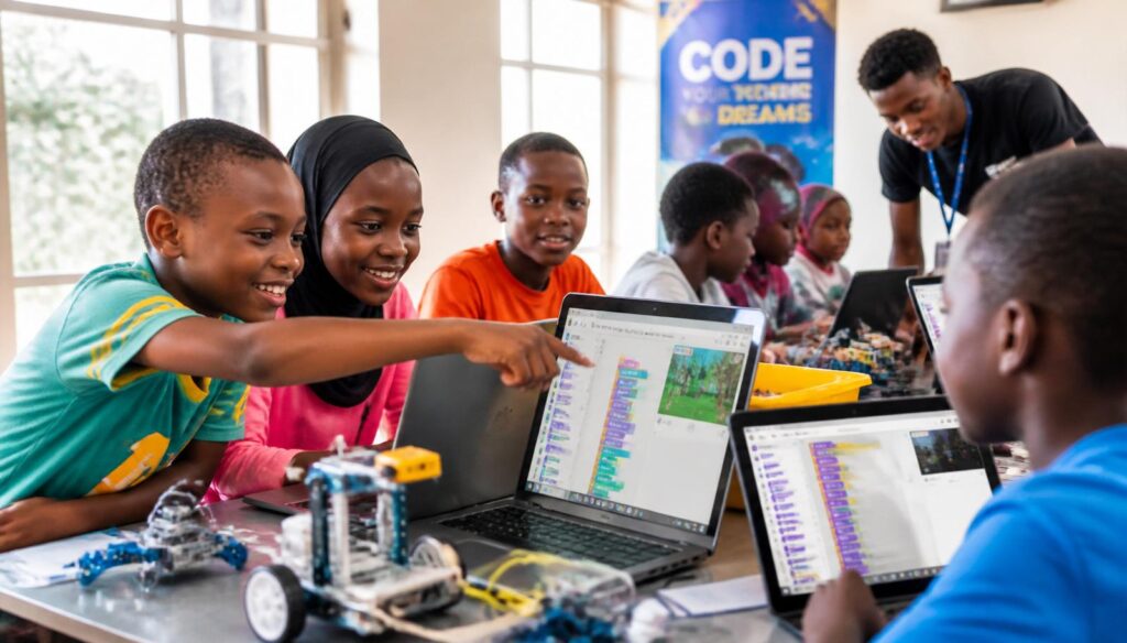Kasa Code Club learners collaborating on Scratch and robotics.
